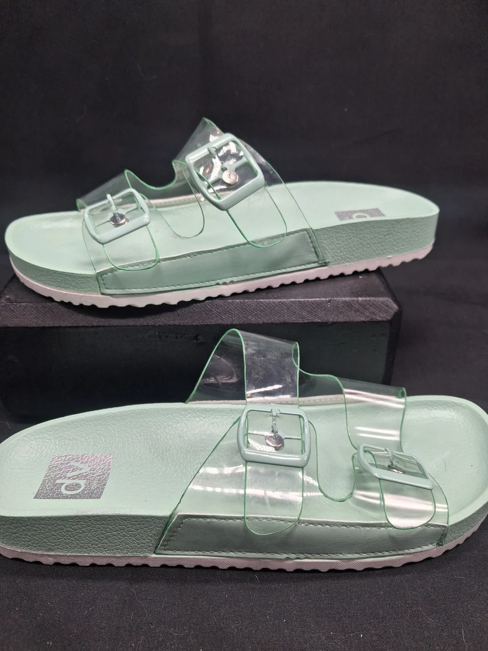 Dolce Vita Mint Green Clear Double Buckle Espadrille Slides